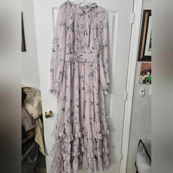 NWT  Mac Duggal Lilac Floral Print Ruched Raglan Sleeve Tiered Gown Sz 10 68199 - Picture 3 of 12